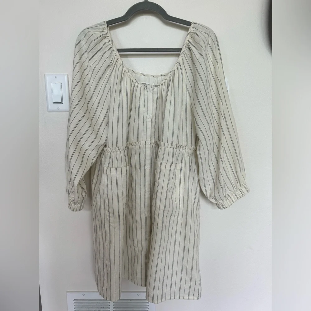 Emerson Fry Jasmine Button Dress. Ivory hemp stripe organic. Size Large. - Picture 3 of 8